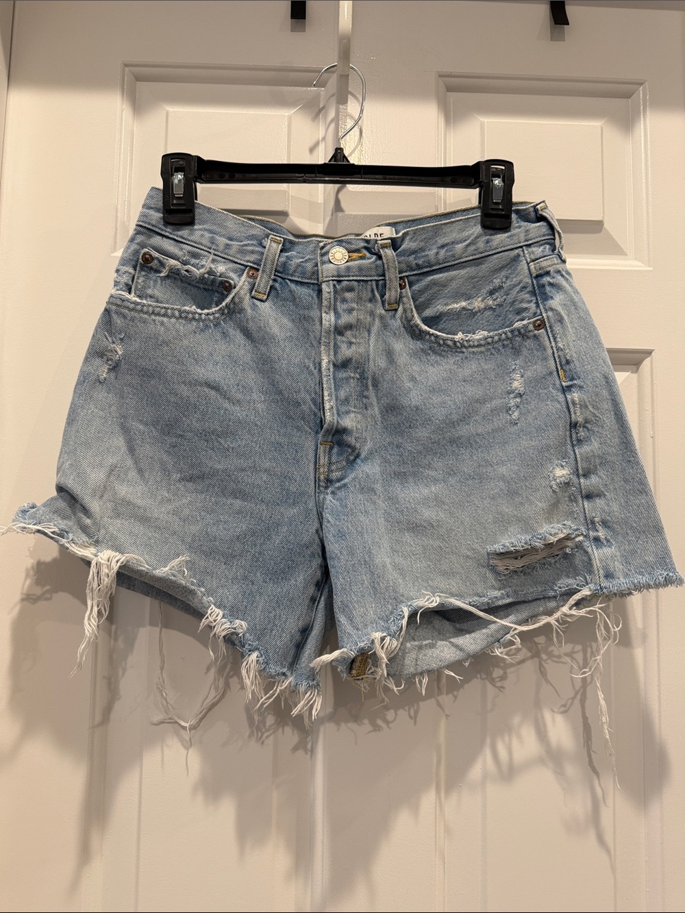 Agolde Parker long short Light Blue Distressed Denim Cutoff Shorts 26 - Picture 5 of 6